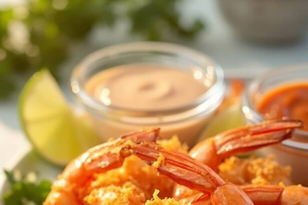 "Golden brown crispy coconut shrimp on a white plate, served with lime wedges, cilantro sprigs and dipping sauces in a naturally lit kitchen setting"