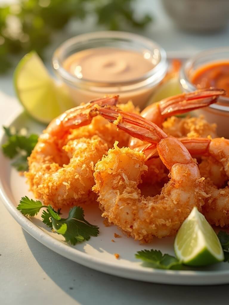 "Golden brown crispy coconut shrimp on a white plate, served with lime wedges, cilantro sprigs and dipping sauces in a naturally lit kitchen setting"