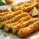 "Crispy golden-brown baked keto zucchini fries with Parmesan-almond flour coating on a clean white background"