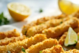 "Crispy golden-brown baked keto zucchini fries with Parmesan-almond flour coating on a clean white background"