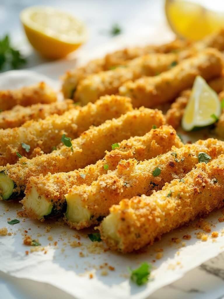 "Crispy golden-brown baked keto zucchini fries with Parmesan-almond flour coating on a clean white background"