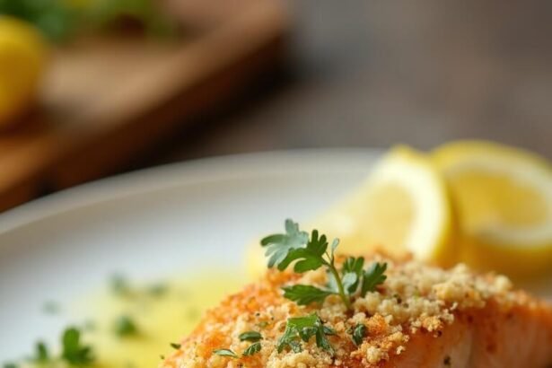 "Crispy Parmesan Crusted Salmon Fillet on White Ceramic Plate with Lemon Wedges and Fresh Parsley"