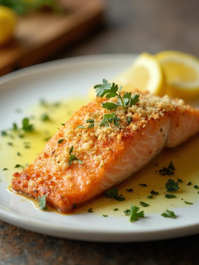 "Crispy Parmesan Crusted Salmon Fillet on White Ceramic Plate with Lemon Wedges and Fresh Parsley"