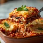 "Serving of hearty eggplant lasagna with rich meat sauce, melted cheese and basil garnish on a white background"