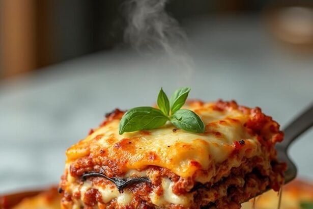"Serving of hearty eggplant lasagna with rich meat sauce, melted cheese and basil garnish on a white background"