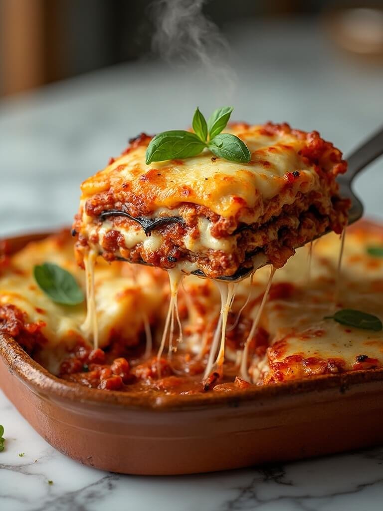 "Serving of hearty eggplant lasagna with rich meat sauce, melted cheese and basil garnish on a white background"