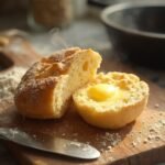 "Freshly baked homemade English muffins with melted butter on wooden board in warm sunlight"