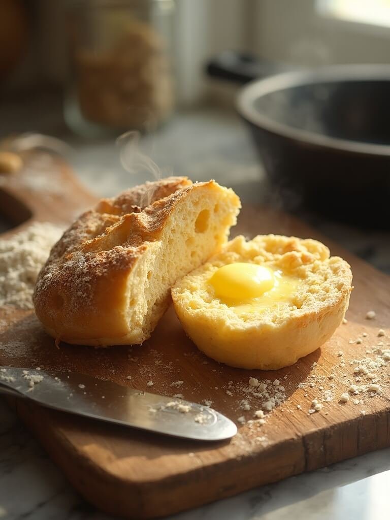 "Freshly baked homemade English muffins with melted butter on wooden board in warm sunlight"