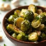 "Roasted garlic butter Brussels sprouts with Parmesan and herbs in a rustic bowl on a clean white marble background"