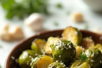 "Roasted garlic butter Brussels sprouts with Parmesan and herbs in a rustic bowl on a clean white marble background"
