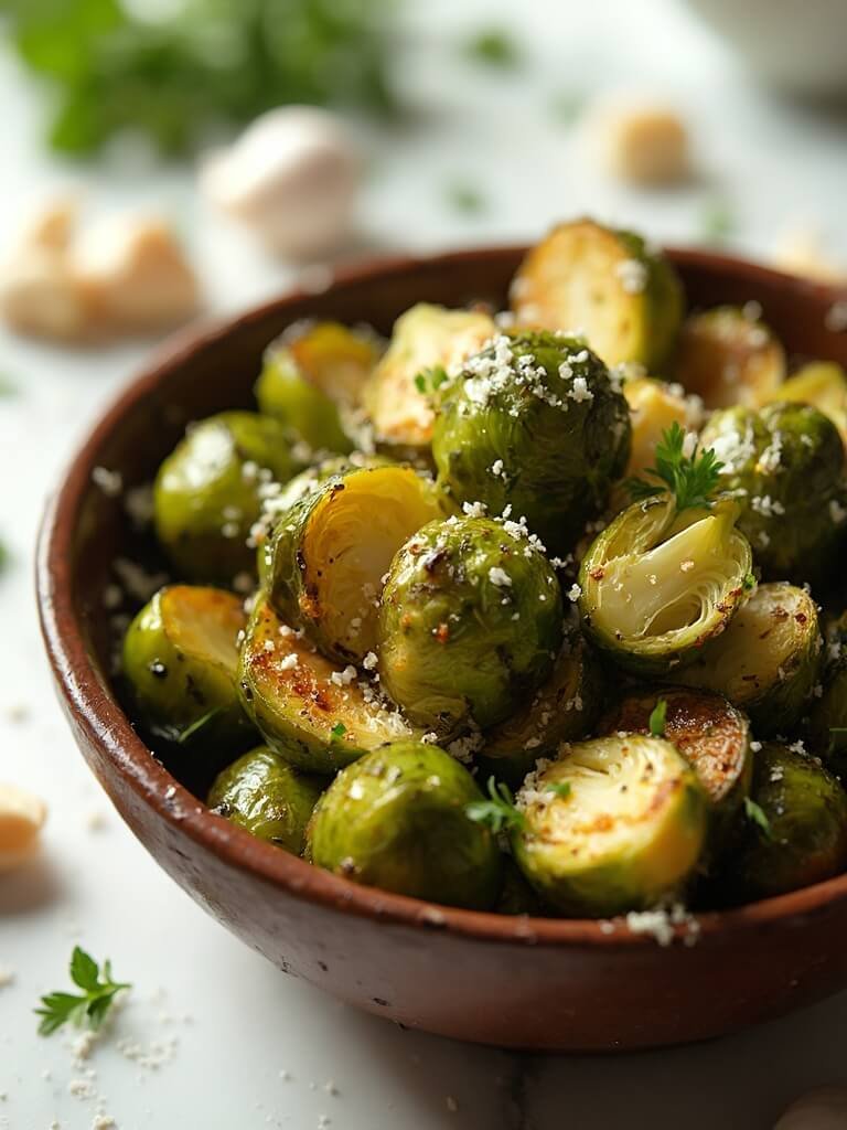 "Roasted garlic butter Brussels sprouts with Parmesan and herbs in a rustic bowl on a clean white marble background"