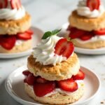 "Gluten-free strawberry shortcakes with almond flour biscuits and whipped cream on white plates"