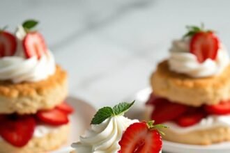 "Gluten-free strawberry shortcakes with almond flour biscuits and whipped cream on white plates"