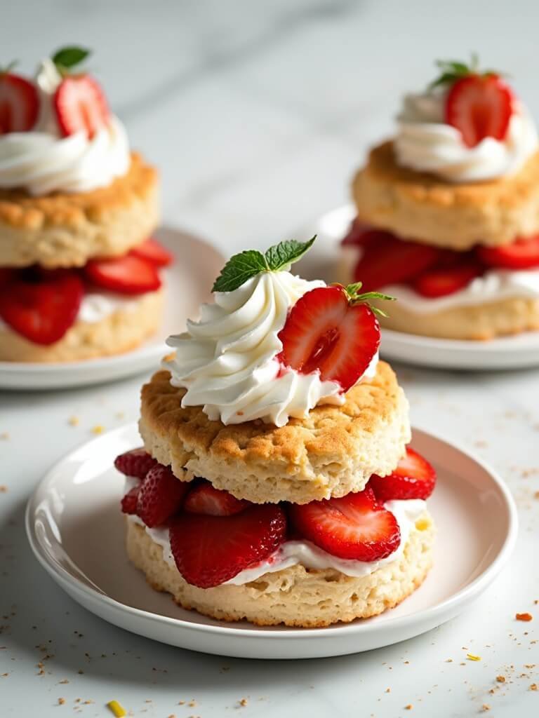 "Gluten-free strawberry shortcakes with almond flour biscuits and whipped cream on white plates"