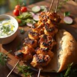 "Grilled Greek chicken souvlaki skewers with tzatziki, warm pita bread, and fresh vegetables on a rustic wooden board in warm golden hour lighting"