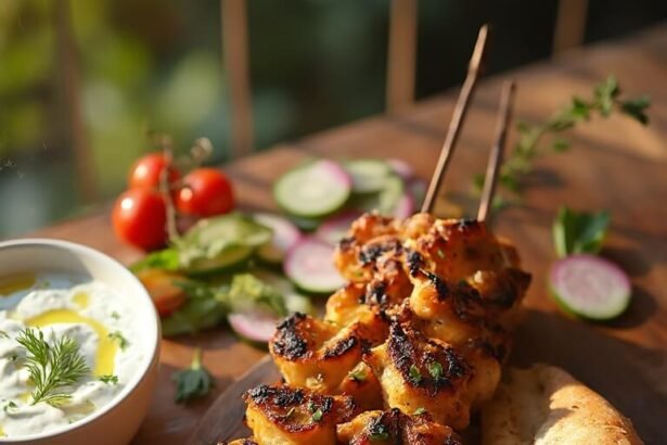"Grilled Greek chicken souvlaki skewers with tzatziki, warm pita bread, and fresh vegetables on a rustic wooden board in warm golden hour lighting"