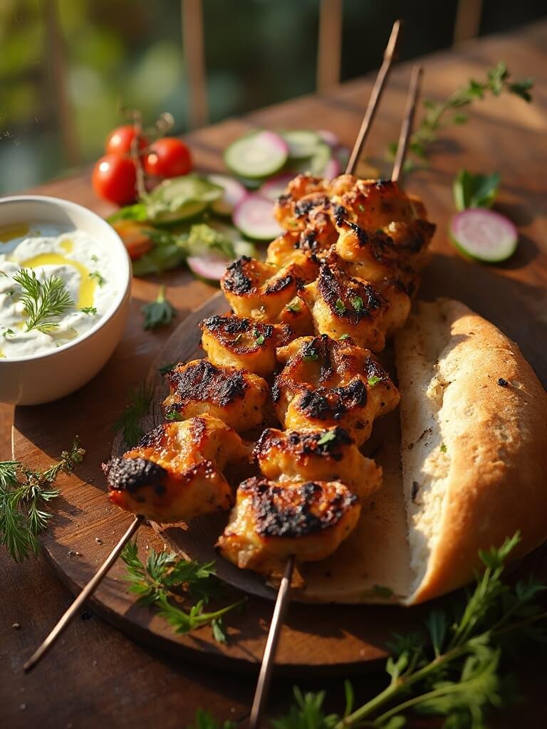 "Grilled Greek chicken souvlaki skewers with tzatziki, warm pita bread, and fresh vegetables on a rustic wooden board in warm golden hour lighting"