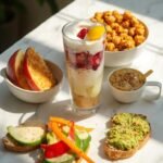 "Overhead view of five healthy snacks on a marble countertop, featuring roasted chickpeas, apple with almond butter, Greek yogurt parfait, vegetable sticks with hummus, and avocado toast."