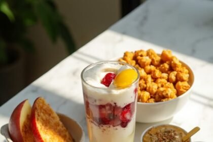 "Overhead view of five healthy snacks on a marble countertop, featuring roasted chickpeas, apple with almond butter, Greek yogurt parfait, vegetable sticks with hummus, and avocado toast."
