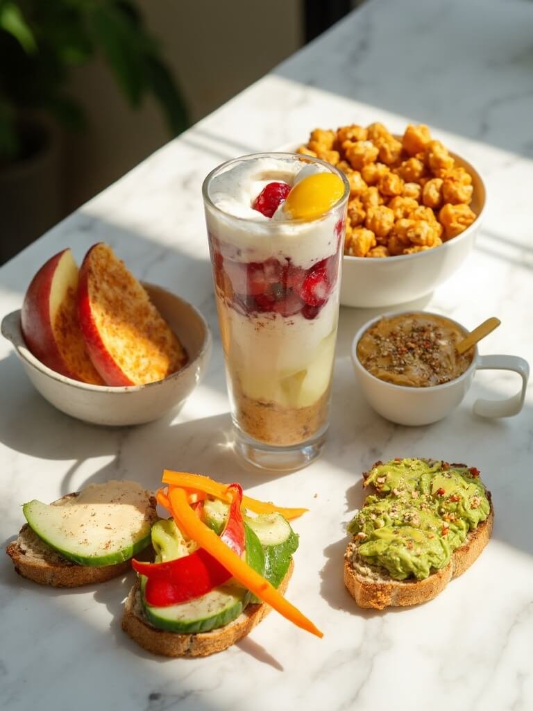 "Overhead view of five healthy snacks on a marble countertop, featuring roasted chickpeas, apple with almond butter, Greek yogurt parfait, vegetable sticks with hummus, and avocado toast."