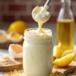 "Homemade keto mayonnaise in mason jar with fresh ingredients on kitchen counter"