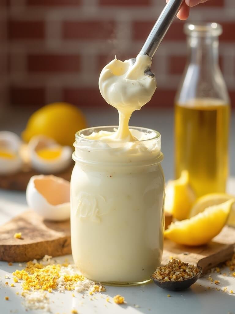 "Homemade keto mayonnaise in mason jar with fresh ingredients on kitchen counter"