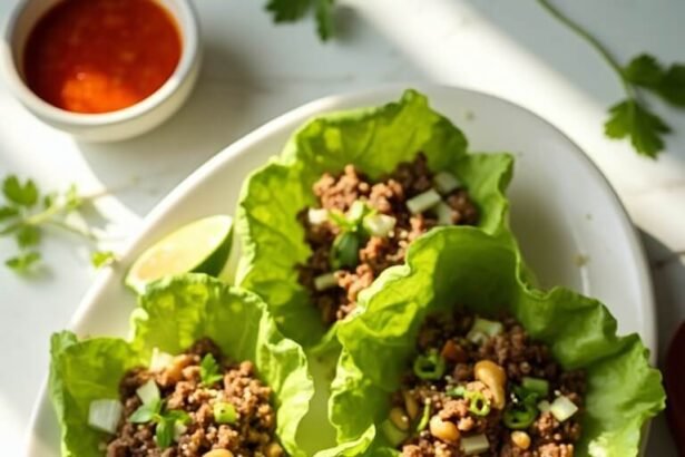 "Keto Asian beef lettuce wraps with cashews and water chestnuts on a white platter, garnished with green onion rings, cilantro leaves, and lime wedges, with a ramekin of chili garlic sauce on a marble countertop."
