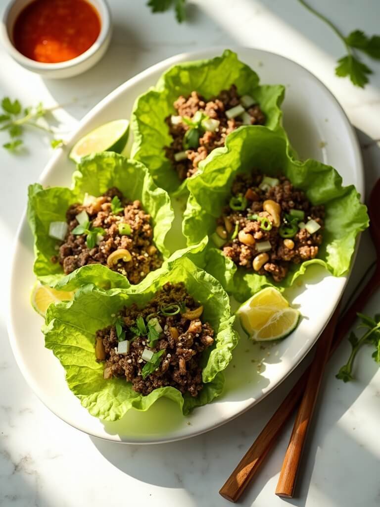 "Keto Asian beef lettuce wraps with cashews and water chestnuts on a white platter, garnished with green onion rings, cilantro leaves, and lime wedges, with a ramekin of chili garlic sauce on a marble countertop."
