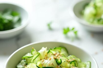 "Keto Asian cucumber salad with sesame dressing in a white ceramic bowl on a clean marble surface"