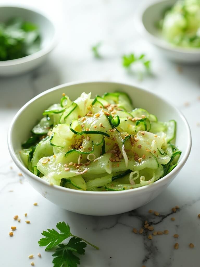 "Keto Asian cucumber salad with sesame dressing in a white ceramic bowl on a clean marble surface"