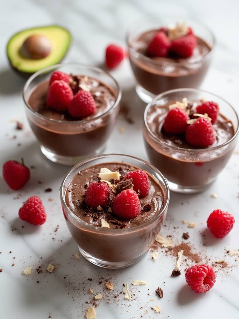 "Overhead view of dark chocolate avocado mousse in glass bowls garnished with raspberries and chocolate shavings on a white marble background"