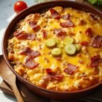 "Overhead shot of a keto bacon cheeseburger casserale with melted cheese, crispy bacon, and pickles on a clean white countertop"