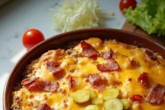 "Overhead shot of a keto bacon cheeseburger casserale with melted cheese, crispy bacon, and pickles on a clean white countertop"