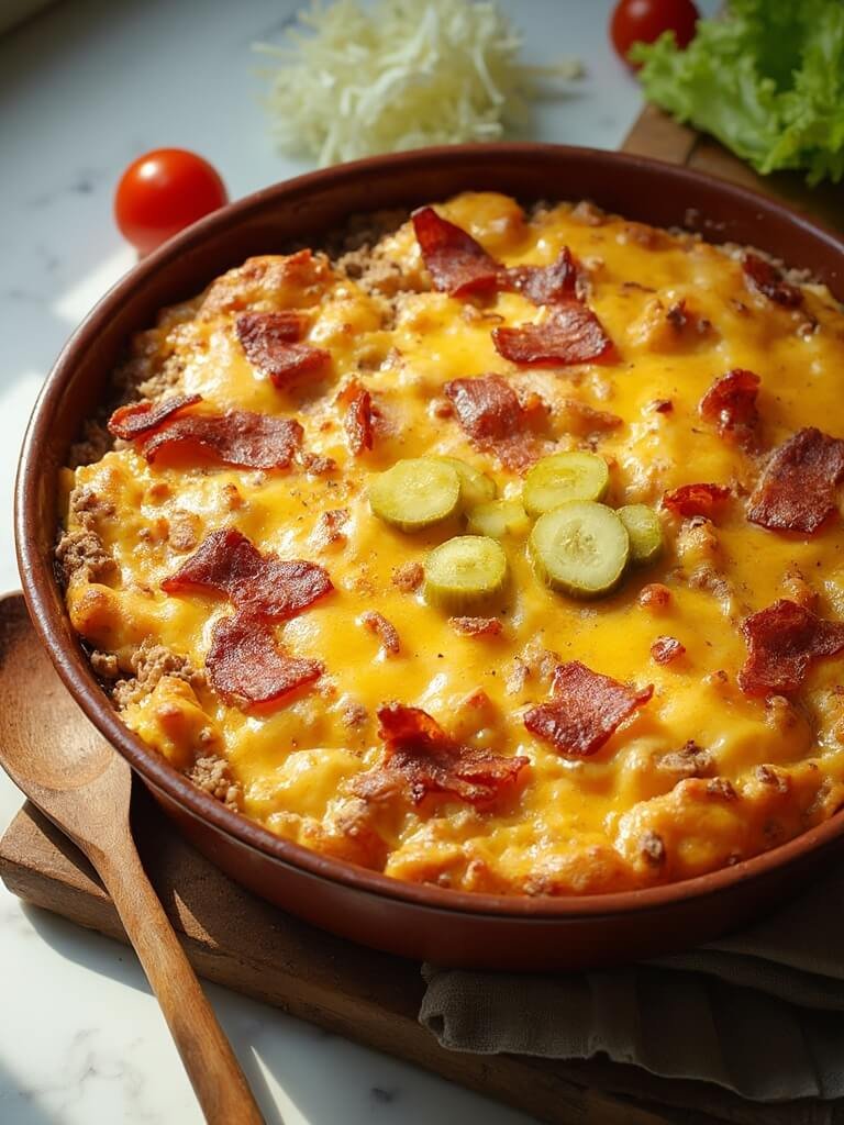 "Overhead shot of a keto bacon cheeseburger casserale with melted cheese, crispy bacon, and pickles on a clean white countertop"