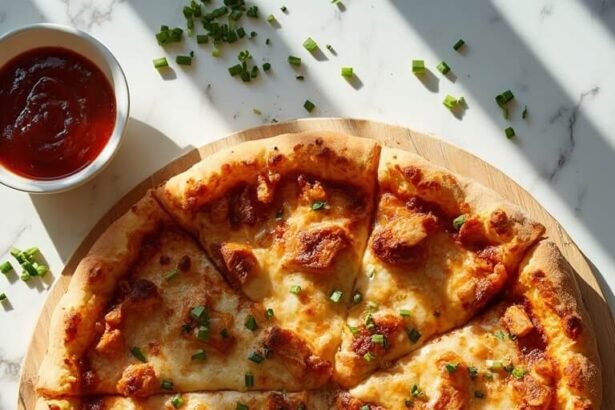 "Overhead shot of keto BBQ chicken pizza with golden fathead crust, melted cheese and green chives on a white marble surface"