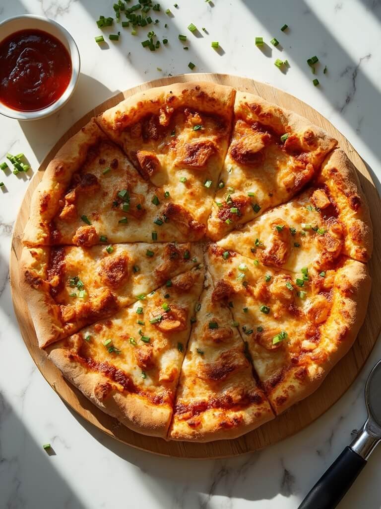 "Overhead shot of keto BBQ chicken pizza with golden fathead crust, melted cheese and green chives on a white marble surface"