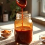"Keto BBQ sauce with erythritol, liquid smoke, and spices in a mason jar, with ingredients and kitchen background"