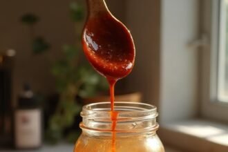 "Keto BBQ sauce with erythritol, liquid smoke, and spices in a mason jar, with ingredients and kitchen background"