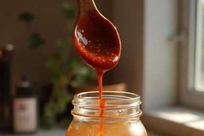 "Keto BBQ sauce with erythritol, liquid smoke, and spices in a mason jar, with ingredients and kitchen background"