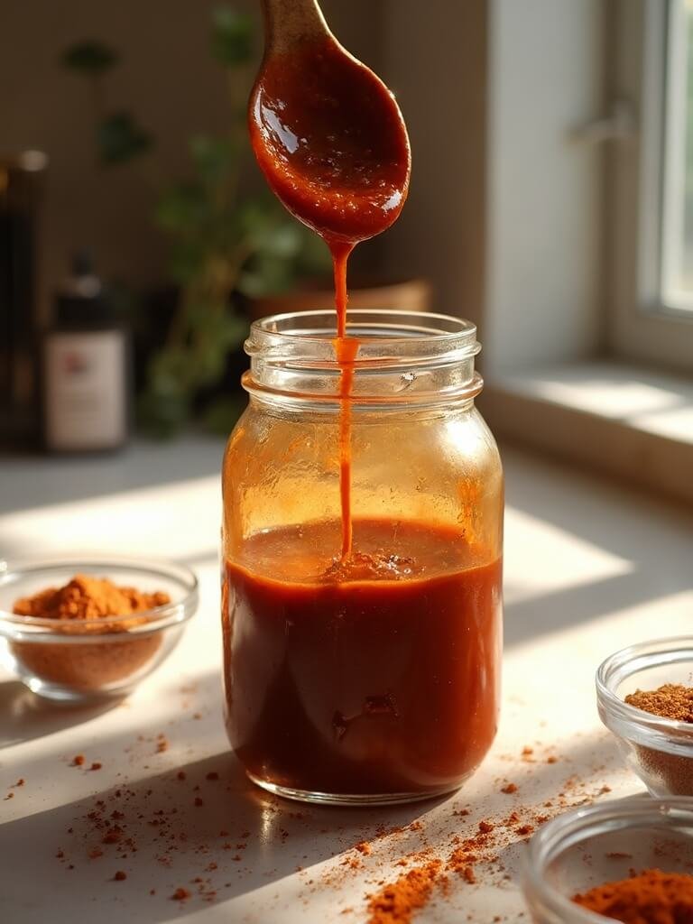 "Keto BBQ sauce with erythritol, liquid smoke, and spices in a mason jar, with ingredients and kitchen background"