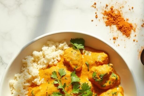 "Overhead view of keto butter chicken over cauliflower rice in a white bowl on a marble background, with turmeric sauce, green cilantro, a lemon wedge, and scattered spices"