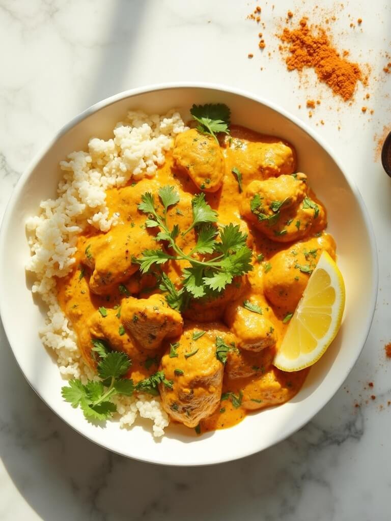 "Overhead view of keto butter chicken over cauliflower rice in a white bowl on a marble background, with turmeric sauce, green cilantro, a lemon wedge, and scattered spices"