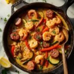 "Overhead shot of a skillet with keto cajun shrimp, sausage, bell peppers, and zucchini in a creamy sauce on a clean white background"