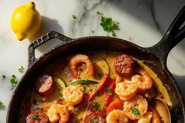 "Overhead shot of a skillet with keto cajun shrimp, sausage, bell peppers, and zucchini in a creamy sauce on a clean white background"
