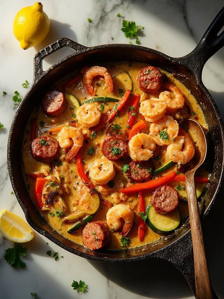 "Overhead shot of a skillet with keto cajun shrimp, sausage, bell peppers, and zucchini in a creamy sauce on a clean white background"