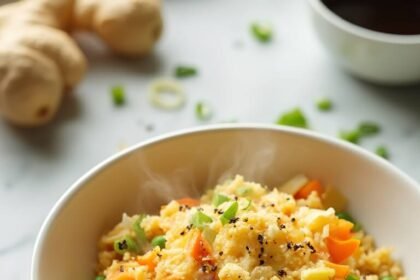 "Keto cauliflower fried rice with scrambled eggs, carrots, peas, and spring onions in white ceramic bowl, with chopsticks on a marble surface, under warm natural light."