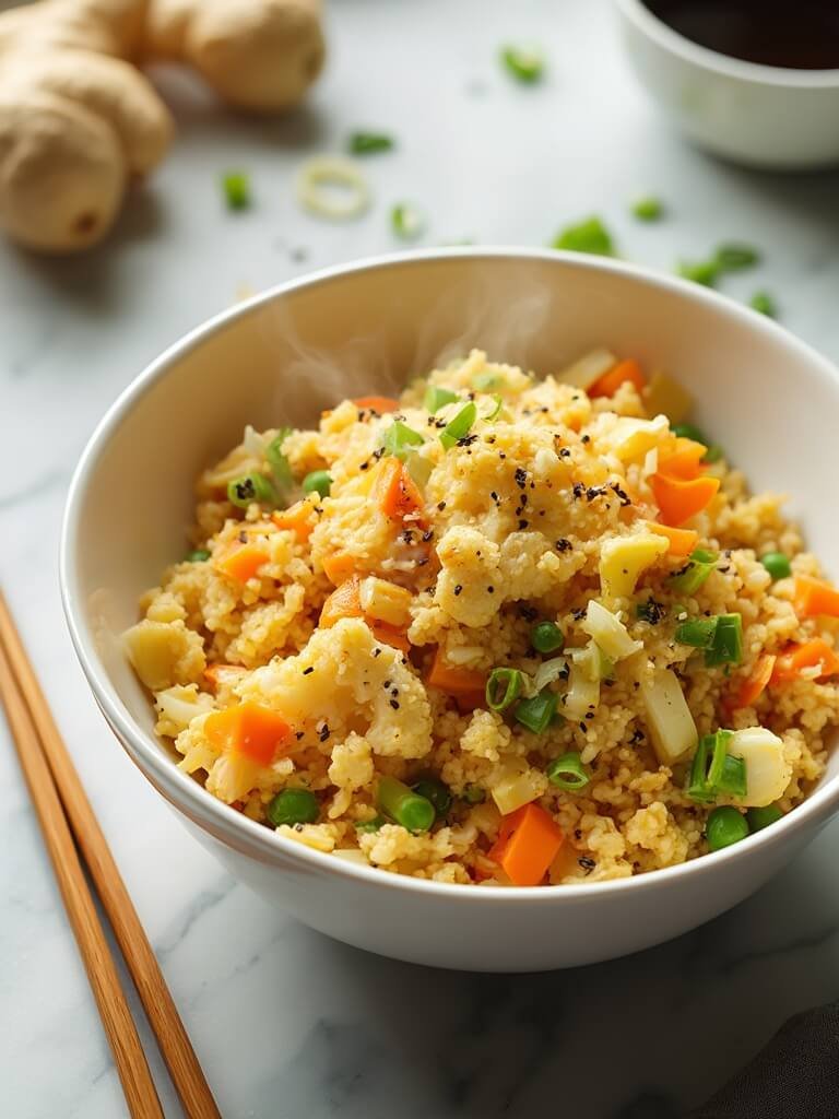 "Keto cauliflower fried rice with scrambled eggs, carrots, peas, and spring onions in white ceramic bowl, with chopsticks on a marble surface, under warm natural light."