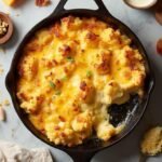 "Overhead shot of keto cauliflower gratin in a skillet with bubbling, caramelized cheese, surrounded by ingredients like aged Gruyere, cheddar cheese, fresh nutmeg, heavy cream, garlic, and Dijon mustard, garnished with bacon and green onions on a marble surface."