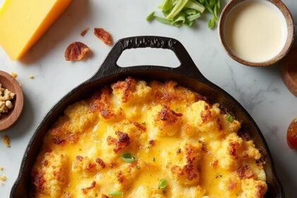 "Overhead shot of keto cauliflower gratin in a skillet with bubbling, caramelized cheese, surrounded by ingredients like aged Gruyere, cheddar cheese, fresh nutmeg, heavy cream, garlic, and Dijon mustard, garnished with bacon and green onions on a marble surface."