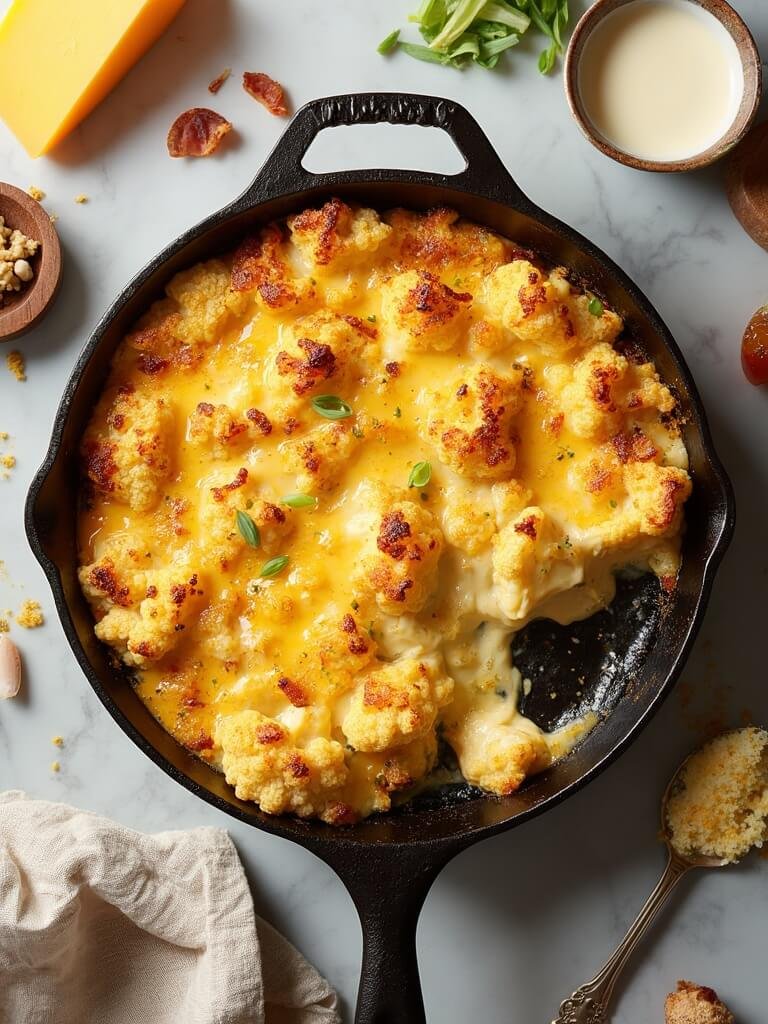 "Overhead shot of keto cauliflower gratin in a skillet with bubbling, caramelized cheese, surrounded by ingredients like aged Gruyere, cheddar cheese, fresh nutmeg, heavy cream, garlic, and Dijon mustard, garnished with bacon and green onions on a marble surface."